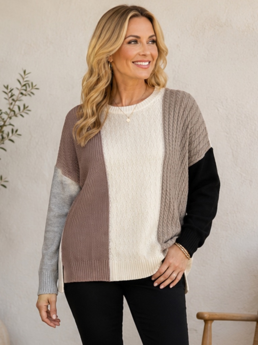 Belle by Kim Gravel XL Color Block Cable Knit Sweater Cream Taupe Black NWOT